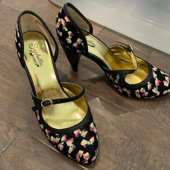 Seychelles 7 black bow print heels modcloth - Picture 1 of 4